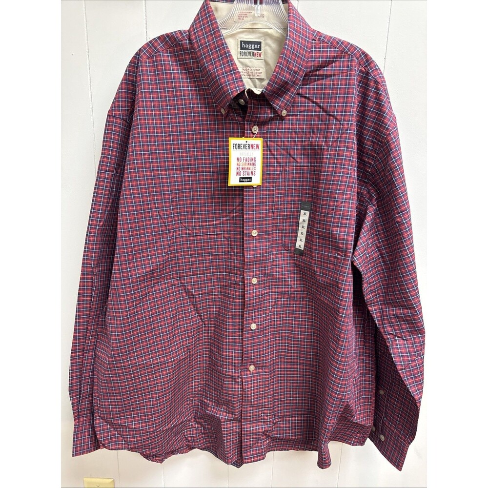 Haggar Button Down Shirt Mens XL Red Blue Check Long Sleeve Career Dad NWT